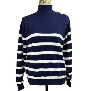 Navy and White Striped Mock Neck Sweater With Gold Button Detail